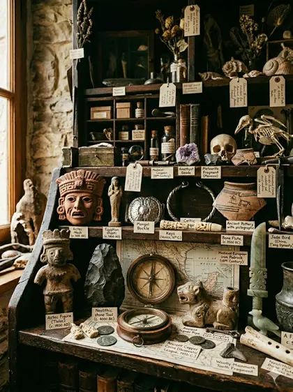 Gabinete de curiosidades con objetos arqueológicos provenientes de diferentes culturas del mundo