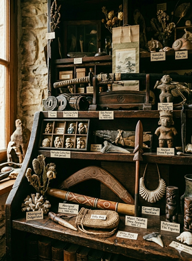 Gabinete de curiosidades con objetos provenientes de diferentes culturas del mundo que reflejan la historia de estos distintos lugares