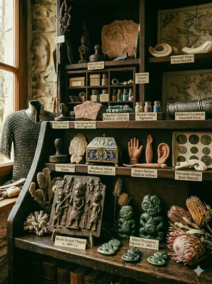 Gabinete de curiosidades con objetos que muestran la riqueza de la creación humana a través del mundo y del tiempo