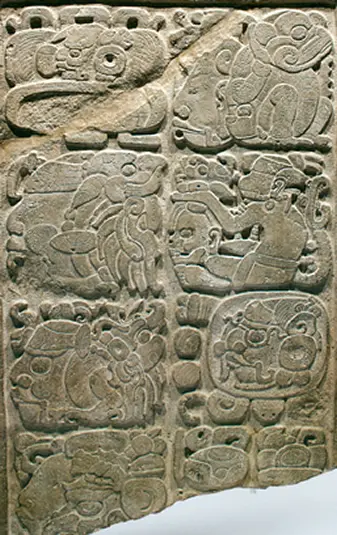 Dintel 48 de Yaxchilán, México, mostrando la fecha del 11 de febrero de 526