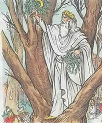 Representación romántica de un druida recogiendo muérdago