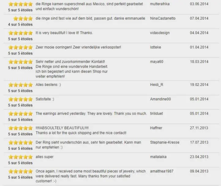 Comentarios de clientes en Dawanda sobre joyería artesanal