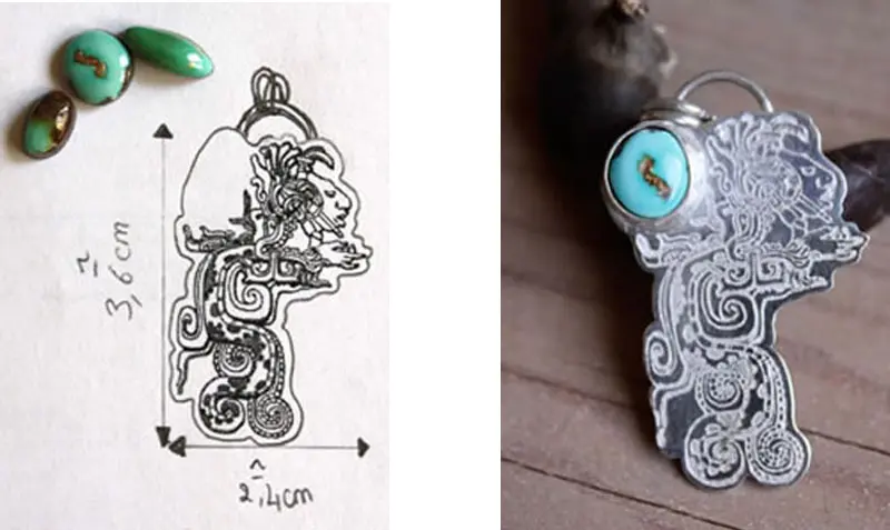 Dibujo preparatorio y elección de la piedra de turquesa para este dije con tema maya, destinado a una apasionada de la civilización prehispánica.