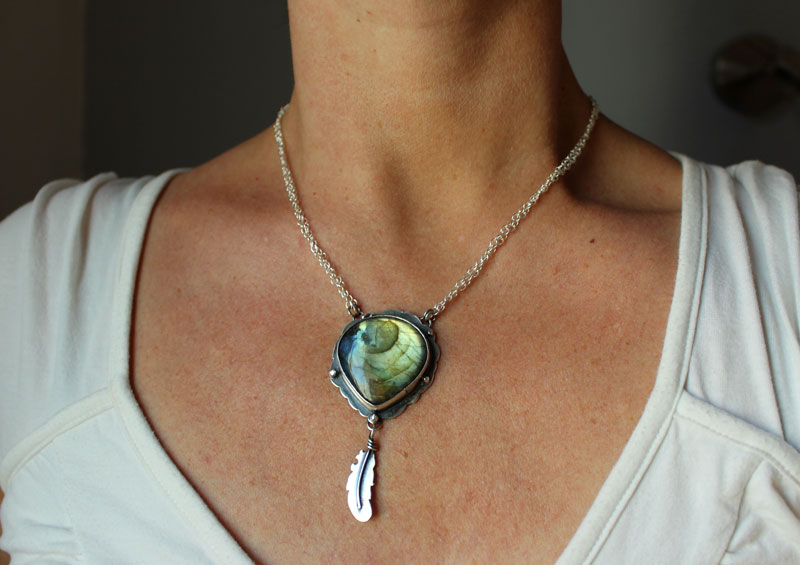 A bird left a feather at my window, elven necklace in silver and labradorite