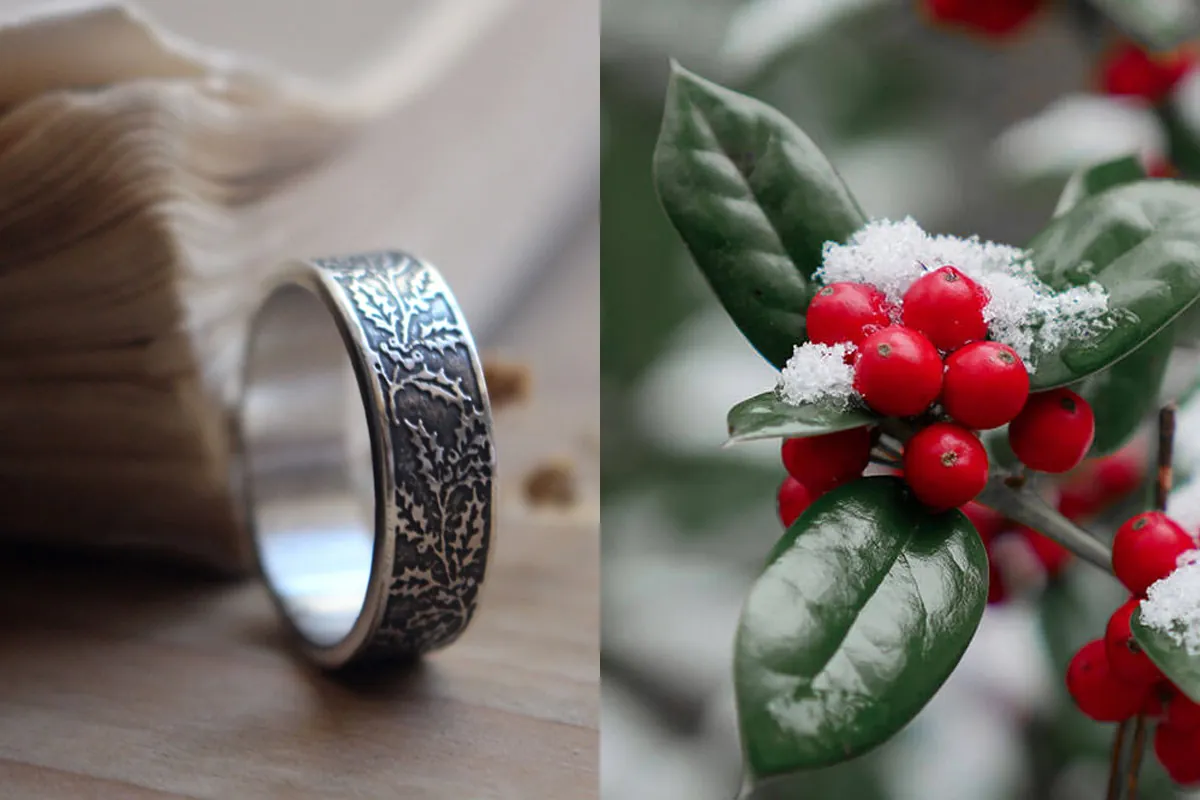 Acebo, anillo flor y fruto del invierno en plata