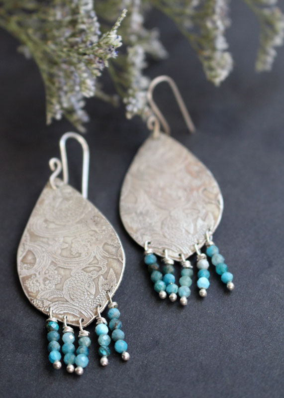 Against the current, Japanese koi carp earrings in silver and amazonite