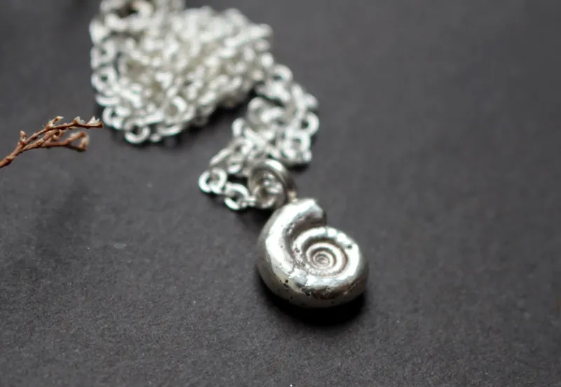Amonita Eoderoceras, collar fósil del Jurásico en plata