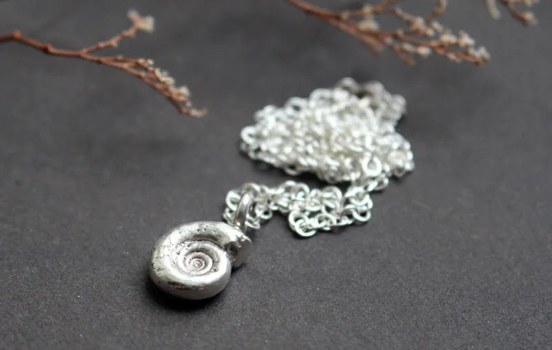 Amonita Eoderoceras, collar fósil del Jurásico en plata