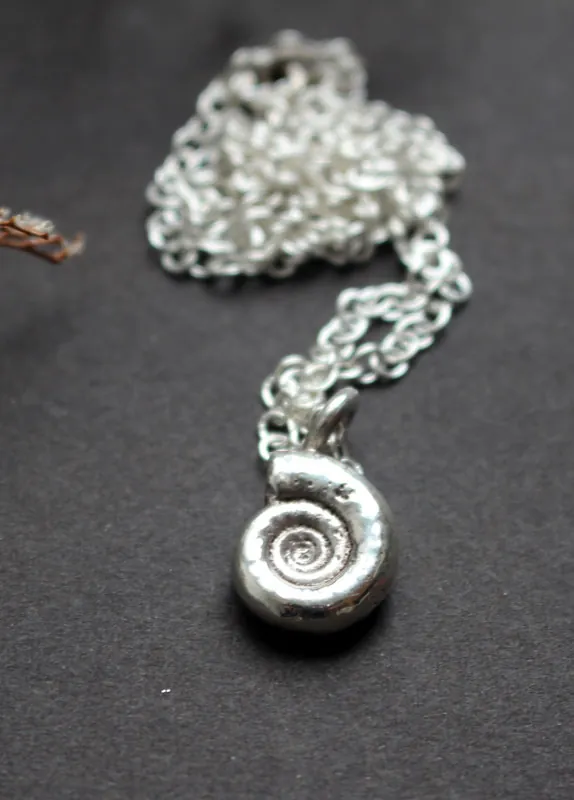 Amonita Eoderoceras, collar fósil del Jurásico en plata