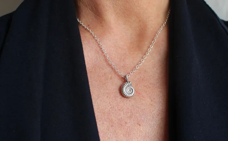 Amonita Promicroceras, collar fósil de paleontología en plata