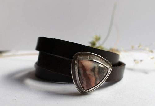 Answald, medieval reign bracelet in silver, brass, leather, and rhodonite