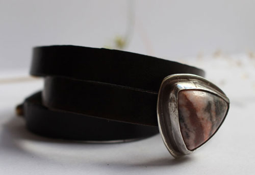 Answald, medieval reign bracelet in silver, brass, leather, and rhodonite