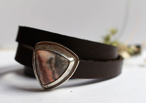 Answald, medieval reign bracelet in silver, brass, leather, and rhodonite