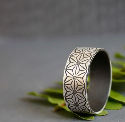 Asanoha, anillo hoja de cáñamo japonés en plata