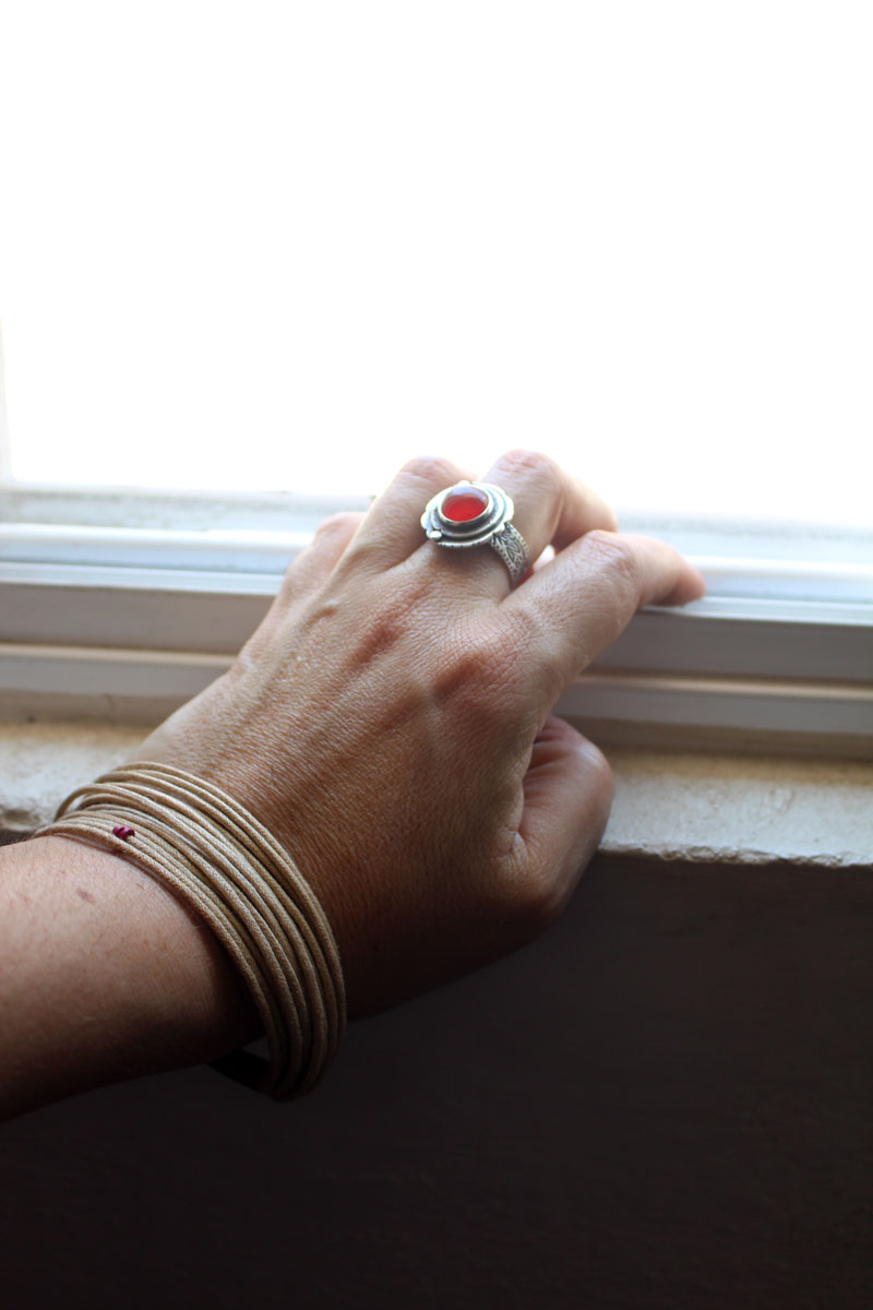 Autumn eglantine, flower and fruit ring in silver and carnelian