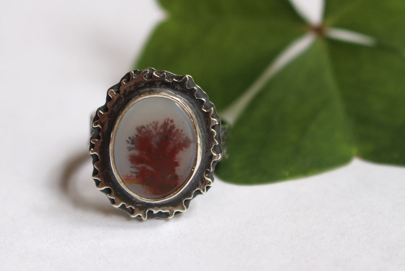 Autumn reflections, seasonal landscape ring in silver and dendritic agate