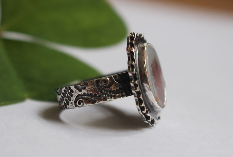 Autumn reflections, seasonal landscape ring in silver and dendritic agate