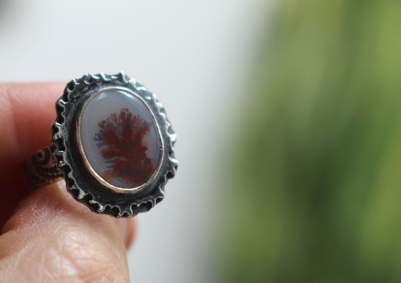 Autumn reflections, seasonal landscape ring in silver and dendritic agate