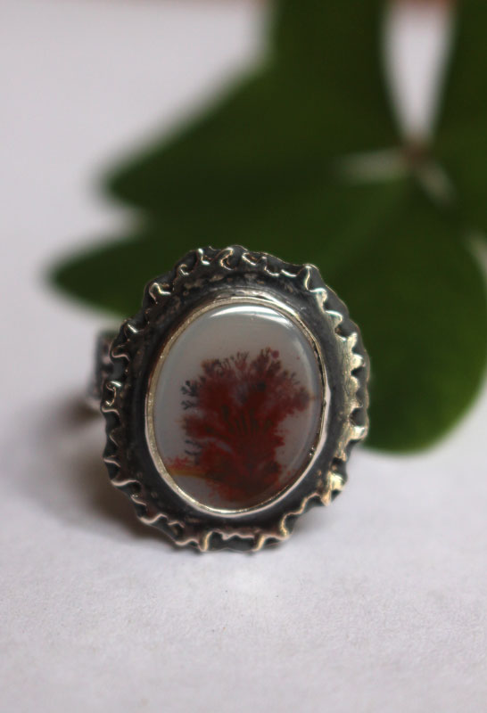 Autumn reflections, seasonal landscape ring in silver and dendritic agate