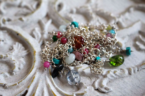Berlingot, sweet softness necklace, anklet, and bracelet in silver, turquoise, amazonite, jade, quartz, pink tourmaline and green tourmaline