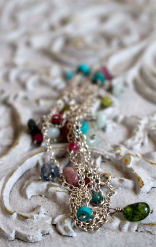 Berlingot, sweet softness necklace, anklet, and bracelet in silver, turquoise, amazonite, jade, quartz, pink tourmaline and green tourmaline