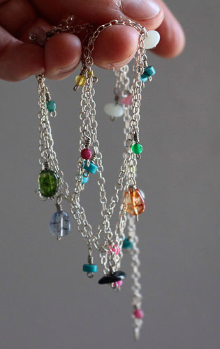 Berlingot, sweet softness necklace, anklet, and bracelet in silver, turquoise, amazonite, jade, quartz, pink tourmaline and green tourmaline