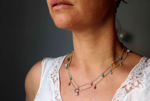 Berlingot, sweet softness necklace, anklet, and bracelet in silver, turquoise, amazonite, jade, quartz, pink tourmaline and green tourmaline
