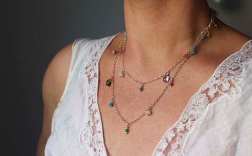 Berlingot, sweet softness necklace, anklet, and bracelet in silver, turquoise, amazonite, jade, quartz, pink tourmaline and green tourmaline