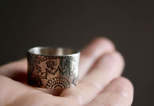 Blessed, forest mandala ring in sterling silver