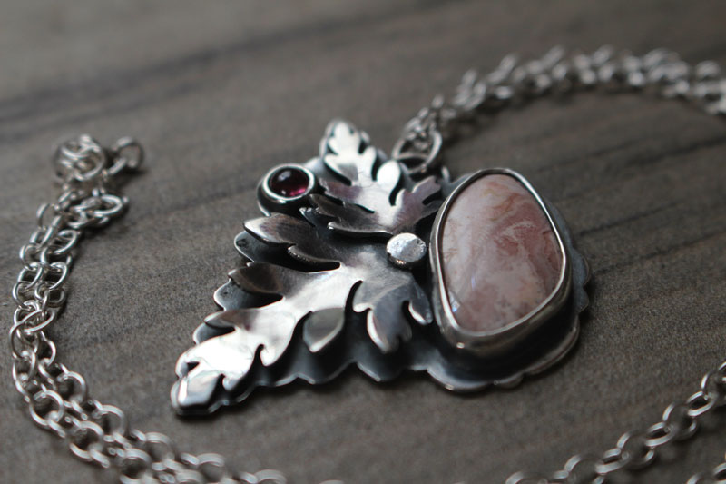 Blooming, botanical necklace in silver, pink tourmaline and rhodochrosite