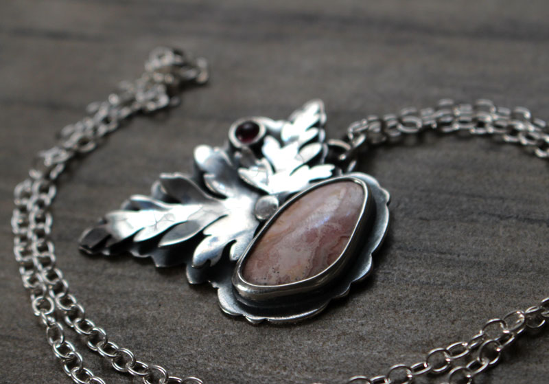 Blooming, botanical necklace in silver, pink tourmaline and rhodochrosite