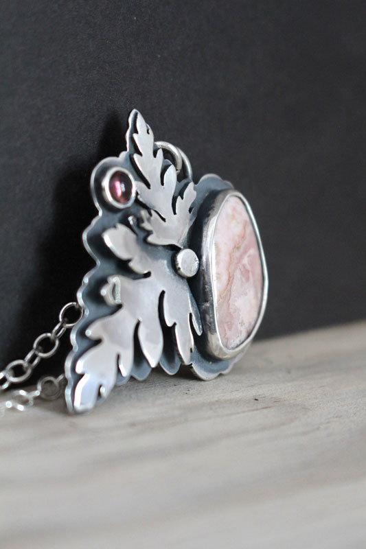 Blooming, botanical necklace in silver, pink tourmaline and rhodochrosite