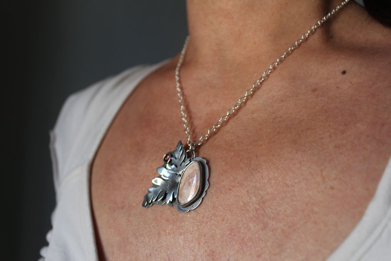 Blooming, botanical necklace in silver, pink tourmaline and rhodochrosite