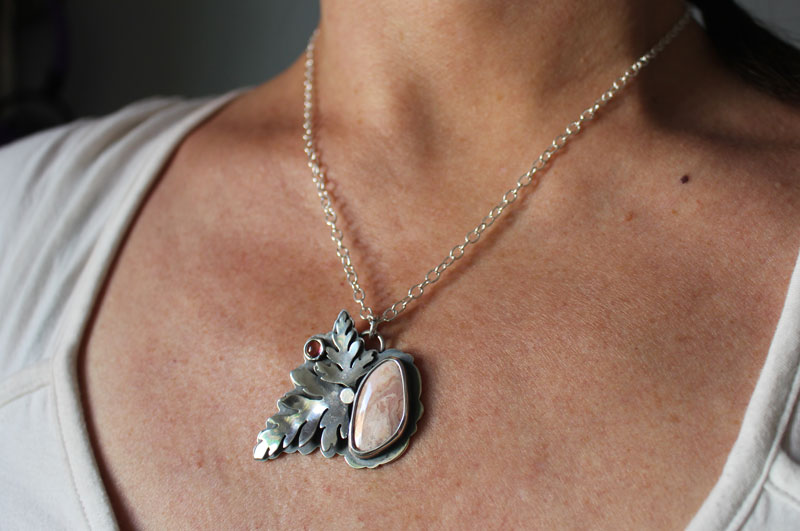 Blooming, botanical necklace in silver, pink tourmaline and rhodochrosite