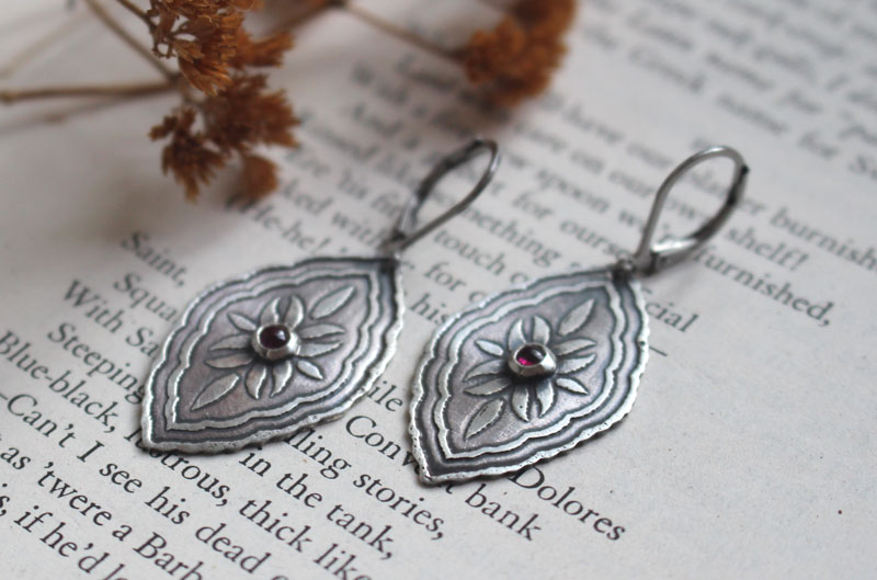 Bougainvillea, baroque botanical earrings in silver and ruby