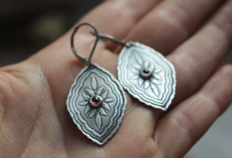 Bougainvillea, baroque botanical earrings in silver and ruby