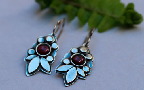 Camellia, red flower earrings in sterling silver and garnet