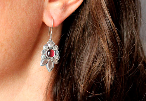 Camellia, red flower earrings in sterling silver and garnet