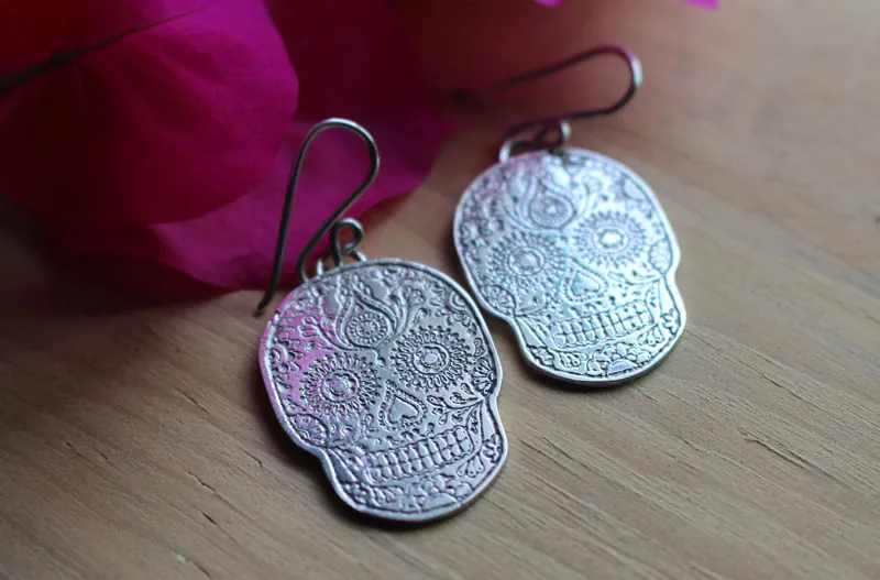 Catrina, aretes cráneo mexicano en plata