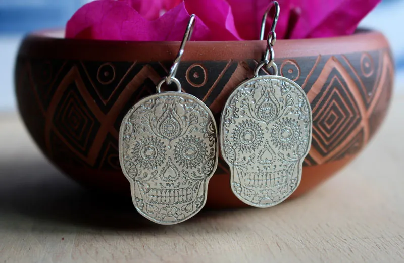 Catrina, aretes cráneo mexicano en plata