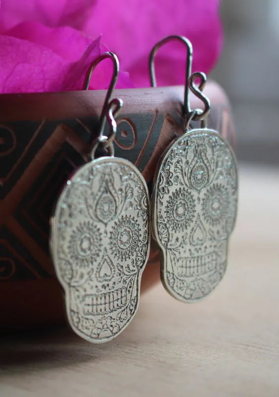 Catrina, aretes cráneo mexicano en plata