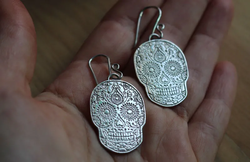 Catrina, aretes cráneo mexicano en plata