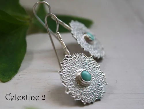 Célestine, aretes mandala indio en plata y turquesa