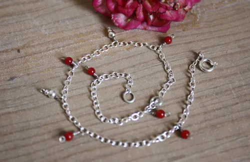 Coral, tobillera y pulsera arrecife coralino en plata y coral rojo