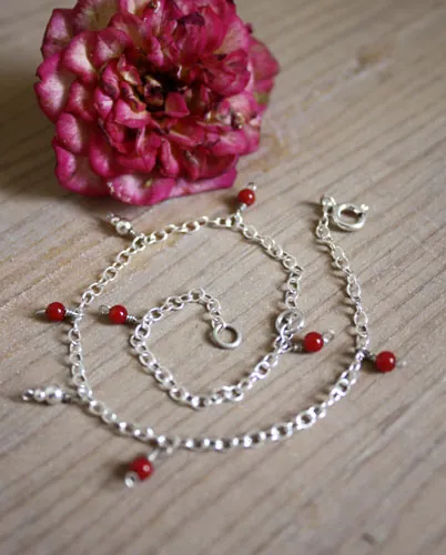 Coral, tobillera y pulsera arrecife coralino en plata y coral rojo