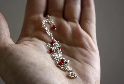 Coral, tobillera y pulsera arrecife coralino en plata y coral rojo