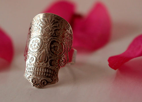 Cráneo mexicano, anillo calavera floral de México en plata