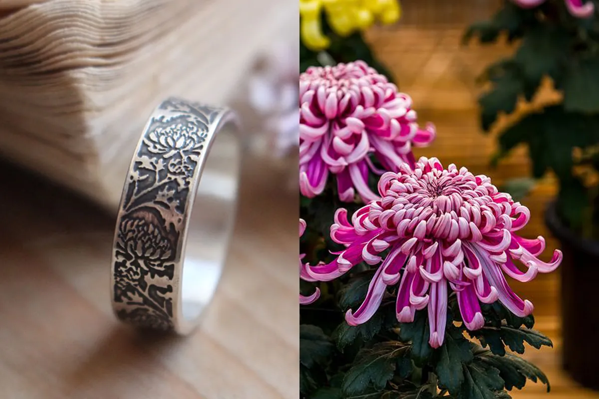 Crisantemo, anillo flor del sol en plata