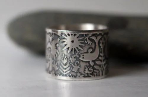 De aire y de agua, anillo pez y pájaro otomí en plata