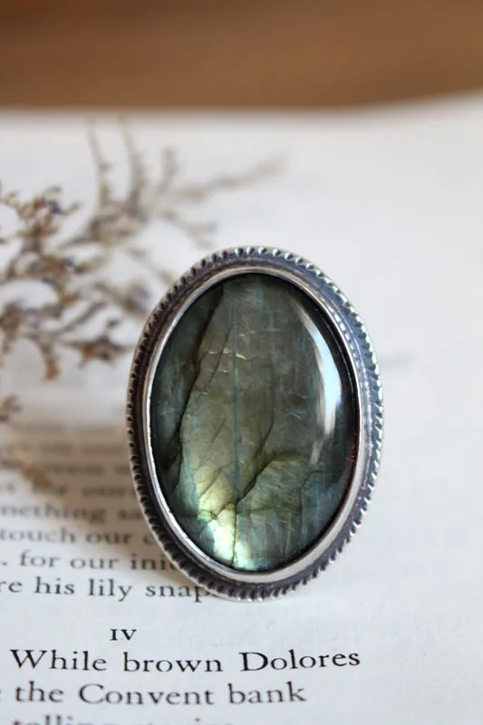 Del otro lado, anillo espejo y helecho en plata y labradorita